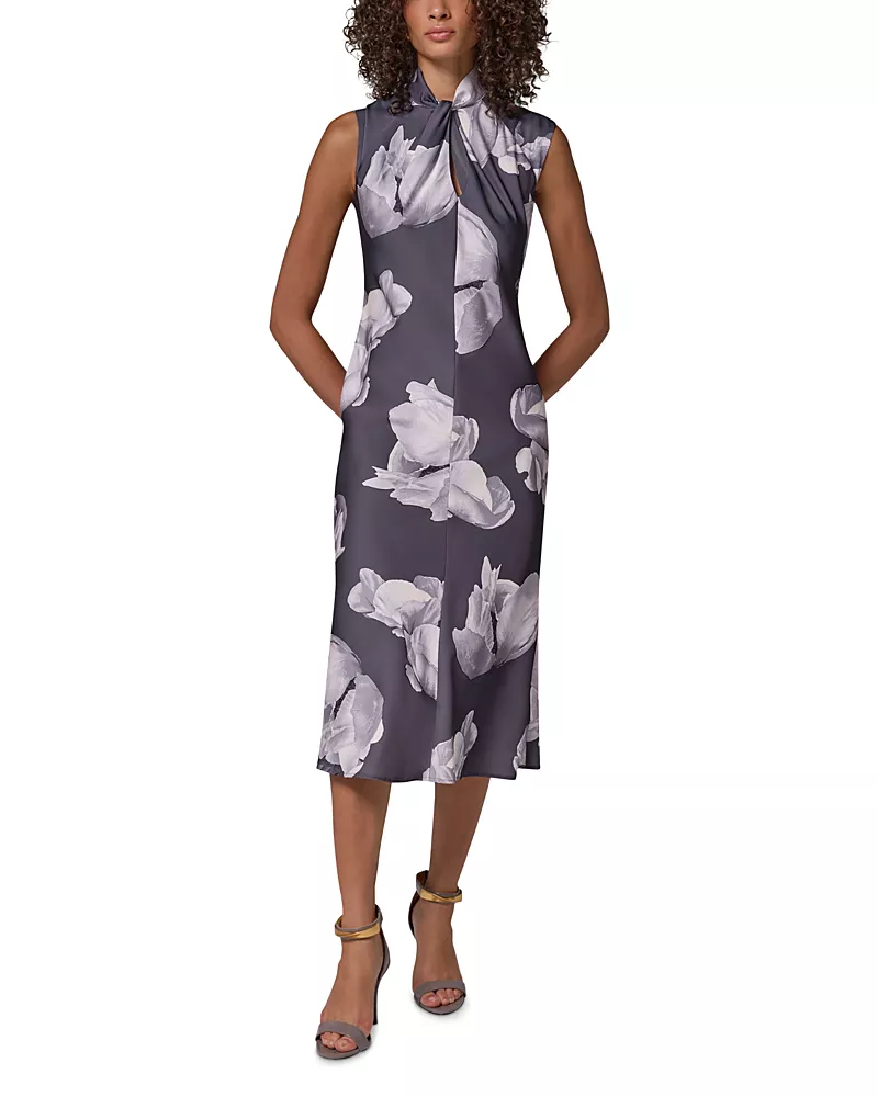 Donna Karan New York Printed Twist Neck Midi Dress