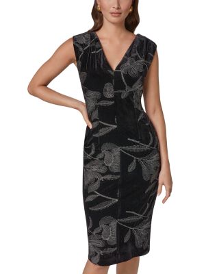 Embroidered Floral Velvet Sheath Dress