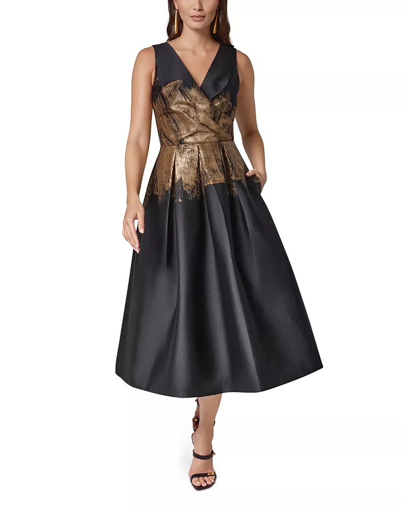 Donna Karan New York Metallic Jacquard V Neck Midi Dress