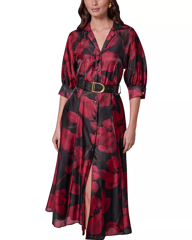 Donna Karan New York Floral Organza Belted Midi Shirt Dress
