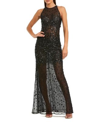  Beaded Mesh Sleeveless High Neck Fitted Gown