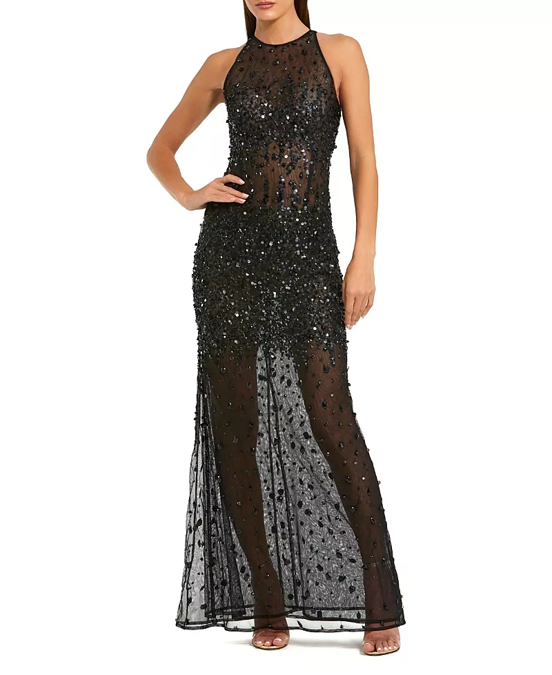 Mac Duggal Beaded Mesh Sleeveless High Neck Fitted Gown