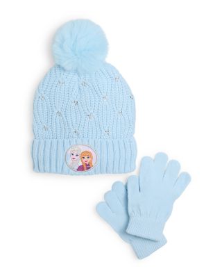 Girls' Frozen Patch Cable Knit Rhinestones Beanie & Gloves Set - Little Kid