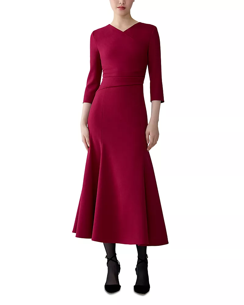 Carolina Herrera Wool Blend High V Neck Midi Dress