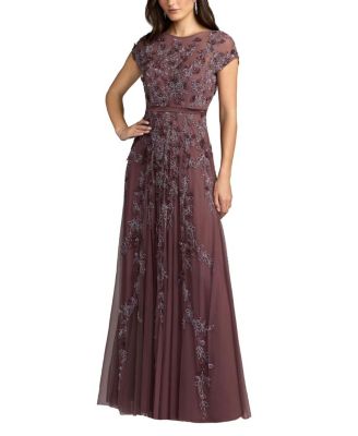  Floral Embellished Short Sleeve Mesh Gown