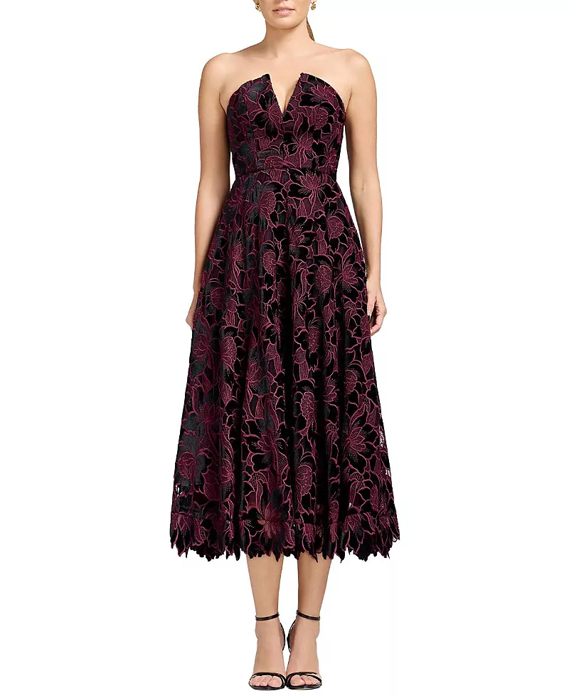 Dress the Population Briella Strapless Velvet Lace Fit-and-Flare Dress