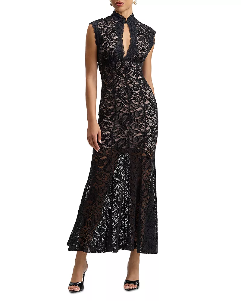 Avec Les Filles Lace Mandarin Collar Keyhole Maxi Dress