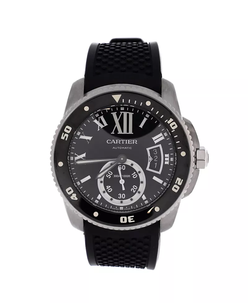 Pre-Owned Cartier Calibre de Cartier Automatic Watch in Stainless Steel and Rubber with Ceramic 42mm