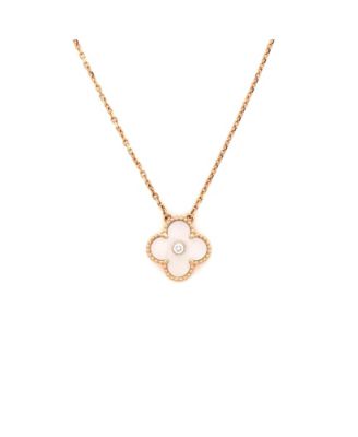 Vintage Alhambra Pendant Necklace 18K Rose Gold and White Mother of Pearl with Diamond, 16.25"