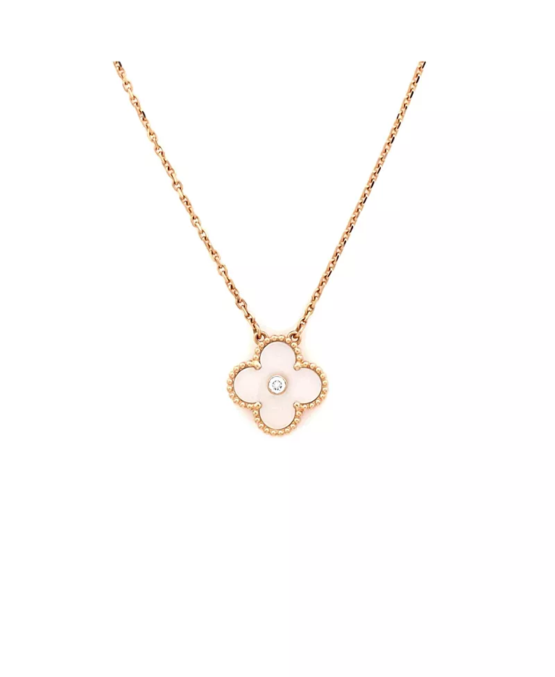 Pre-Owned Van Cleef & Arpels Vintage Alhambra Pendant Necklace 18K Rose Gold and White Mother of Pearl with Diamond, 16.25