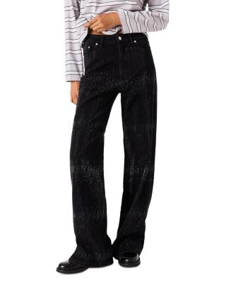 Maje High Rise Wide Leg Rhinestone Jeans in Black