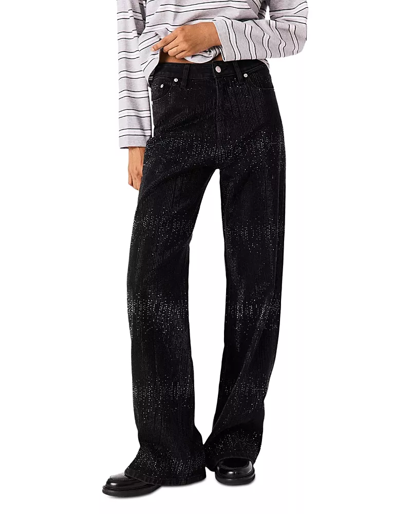 Maje High Rise Wide Leg Rhinestone Jeans in Black