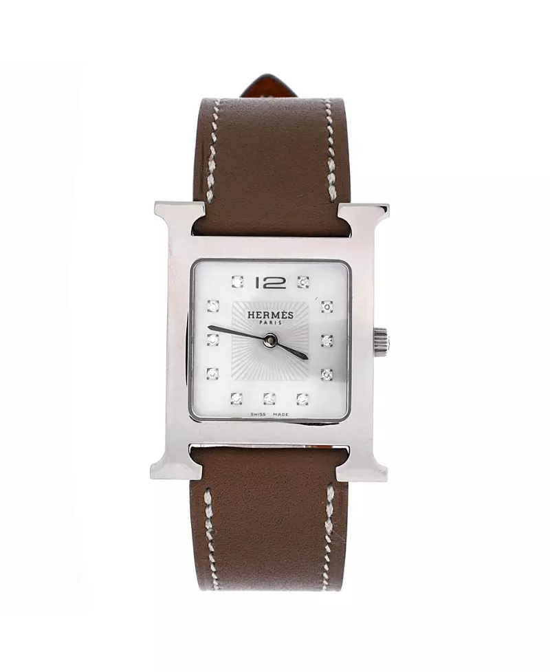 Pre-Owned Hermes Heure H Quartz Watch in Stainless Steel and Leather with Diamond Markers and Mother of Pearl 26mm