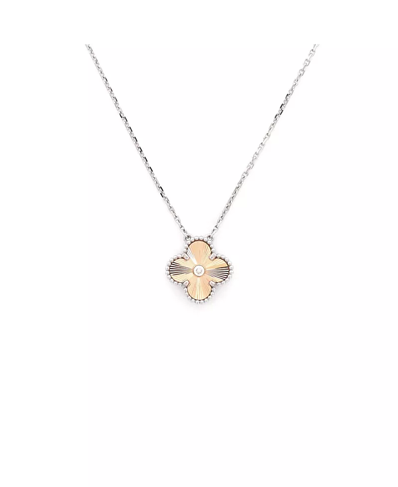 Pre-Owned Van Cleef & Arpels Vintage Alhambra Pendant Necklace 18K White Gold and Guilloche 18K Rose Gold with Diamond, 16.25