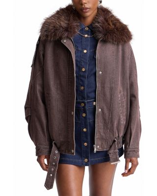 Faux Fur Collar Cotton Blend Bomber Jacket