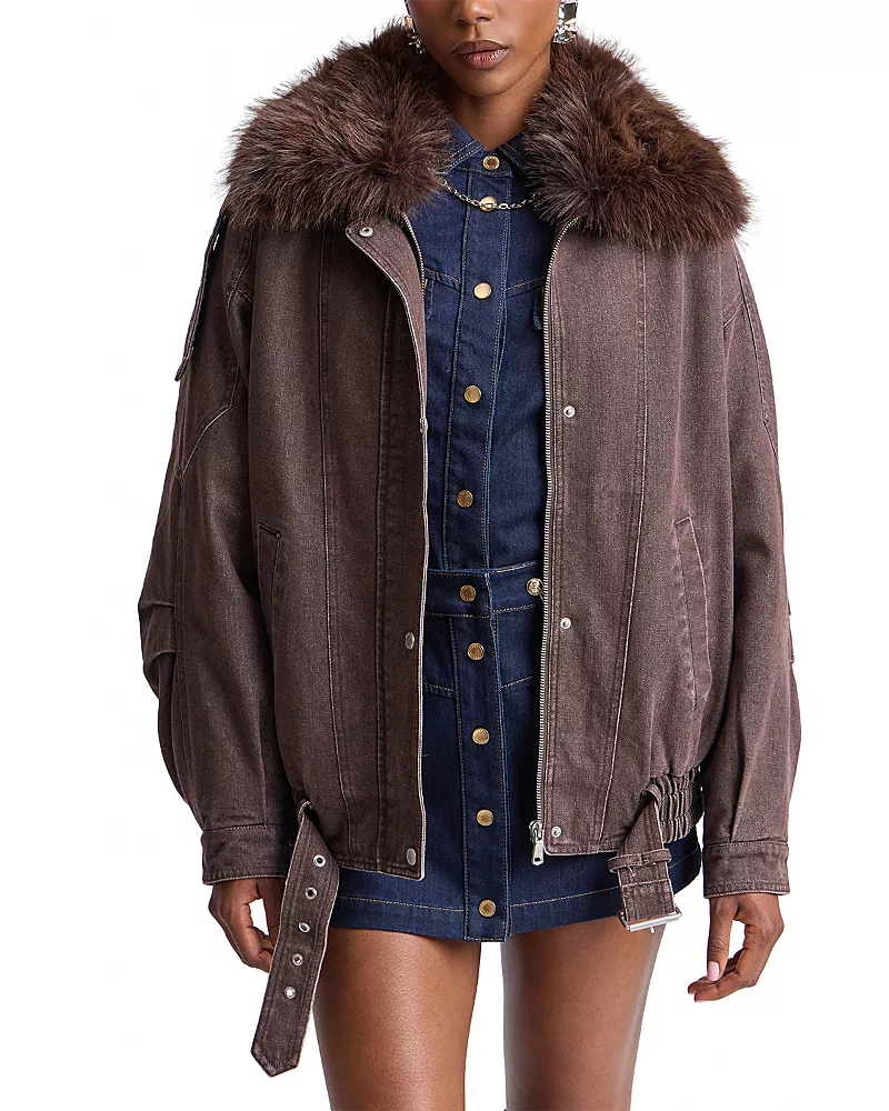 Avec Les Filles Faux Fur Collar Cotton Blend Bomber Jacket