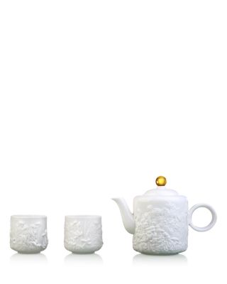 Limited Edition Crystal Glass & Bone China Teapot and Teacups, Set of 3