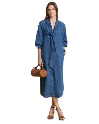 Cotton Denim Tie Neck Shirt Dress