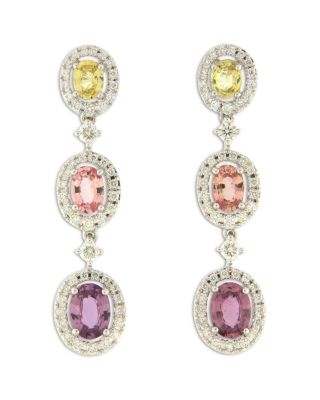 Diamond & Multicolor Sapphire Oval Drop Earrings in 18K White Gold