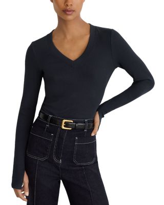 Cotton Stretch Ribbed V Neck Top