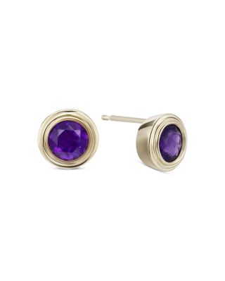 10K Yellow Gold Amethyst February Birthstone Bezel Stud Earrings