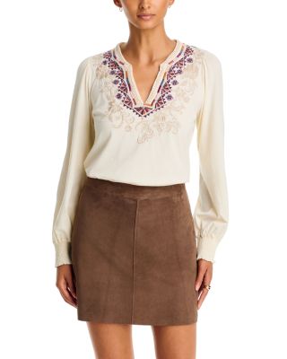 Henley Embroidered Cotton Bishop Sleeve Tee
