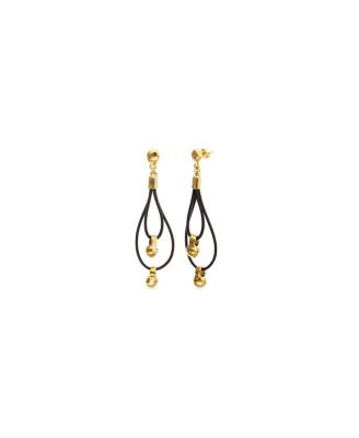 Double Long Leather Earrings with  Gold-Plated Dial Detail