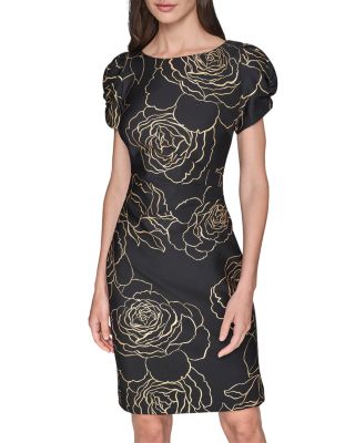 Gold Floral Print Puff Sleeve Sheath Dress