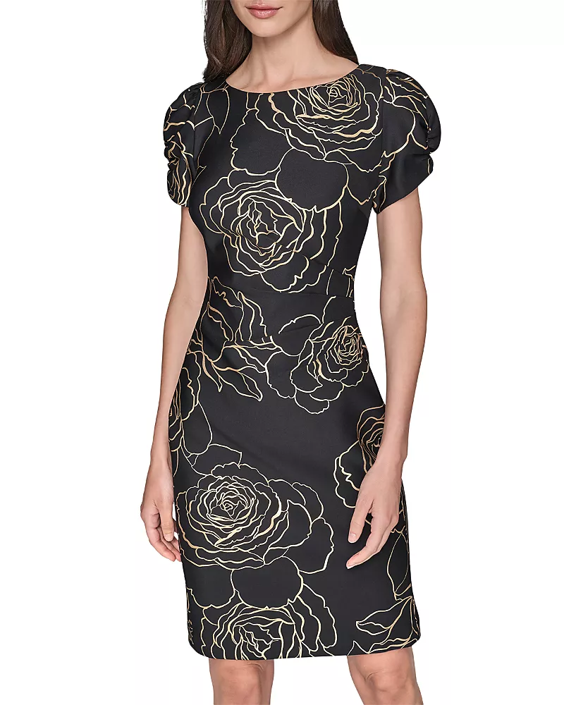 Karl Lagerfeld Paris Gold Floral Print Puff Sleeve Sheath Dress