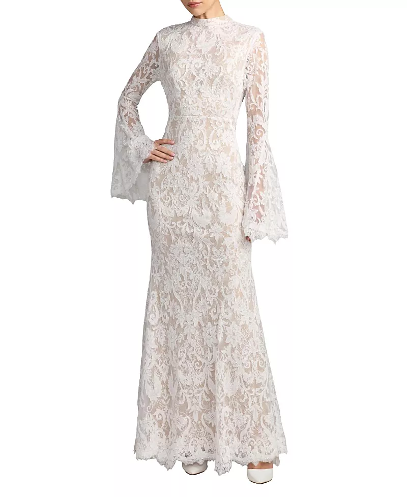 Mac Duggal Mock Neck Long Sleeve Lace Gown