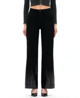  Mid Rise Wide Leg Denim Jeans with Sequin Embroidery in Black Wash