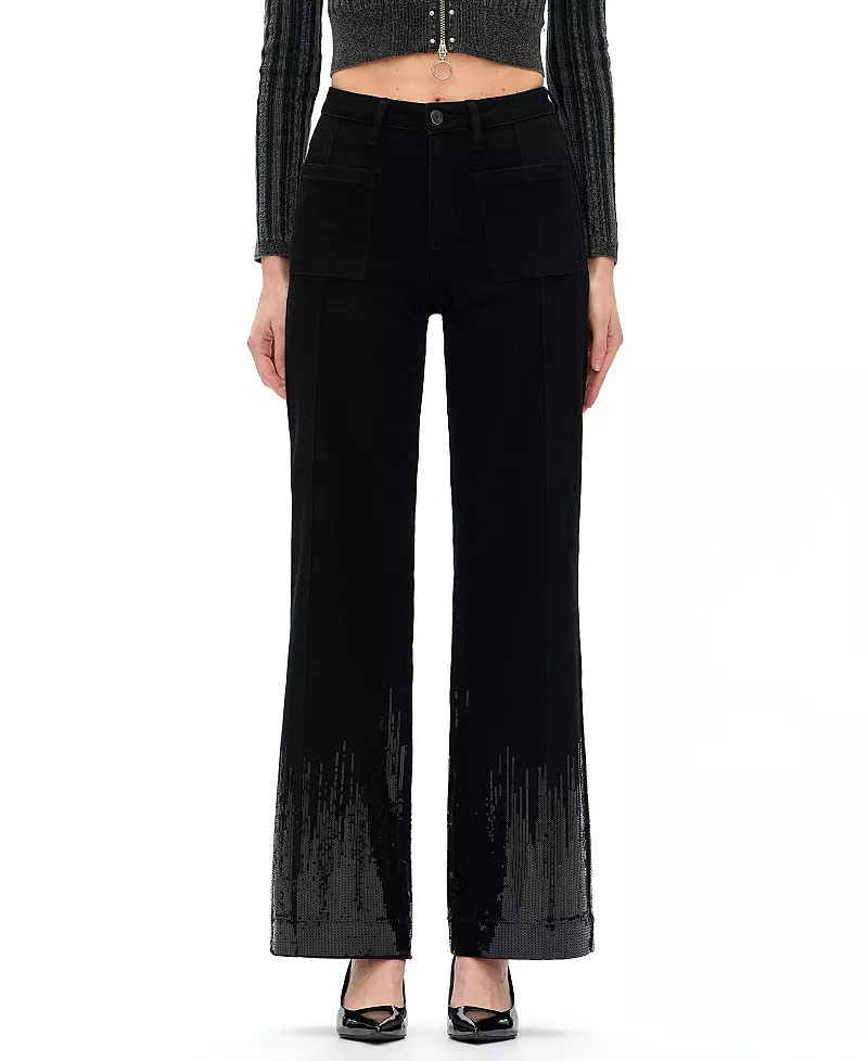 Bayeas Mid Rise Wide Leg Denim Jeans with Sequin Embroidery in Black Wash