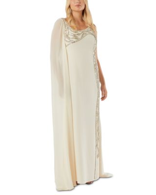 Embroidered Beaded One Shoulder Cape Dress