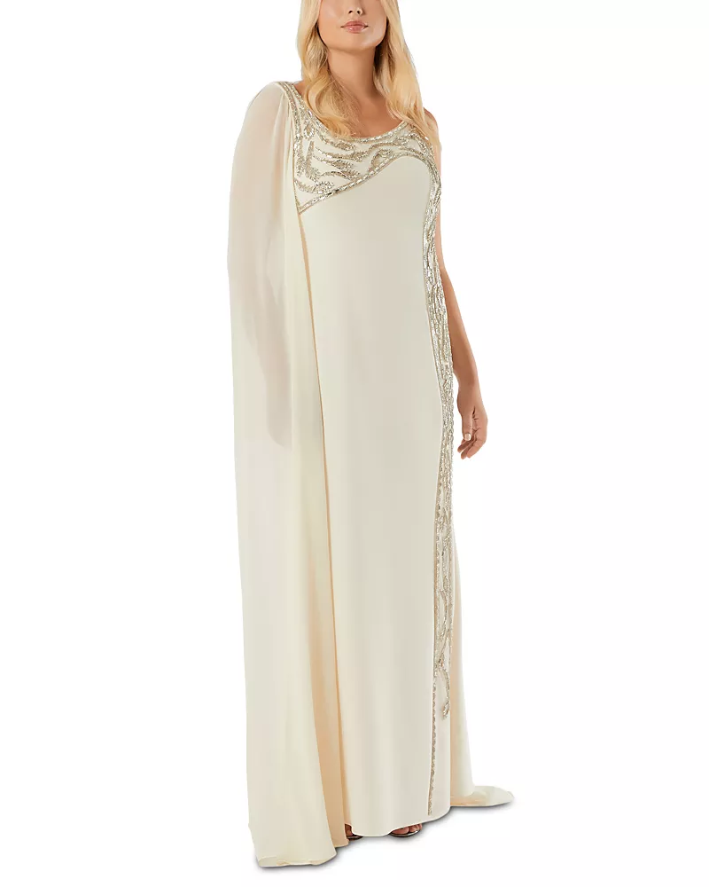 Marina Rinaldi Embroidered Beaded One Shoulder Cape Dress