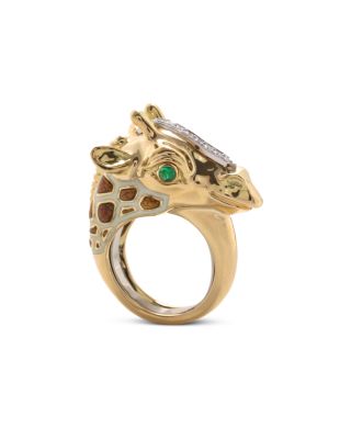 Platinum & 18K Yellow Gold Emerald, Diamond, and Brown & White Enamel Giraffe Ring