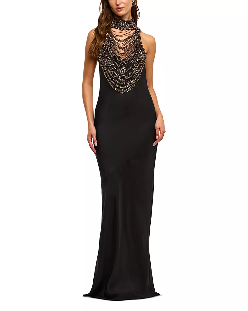 L'Agence Yuan Draped Crystal Maxi Gown