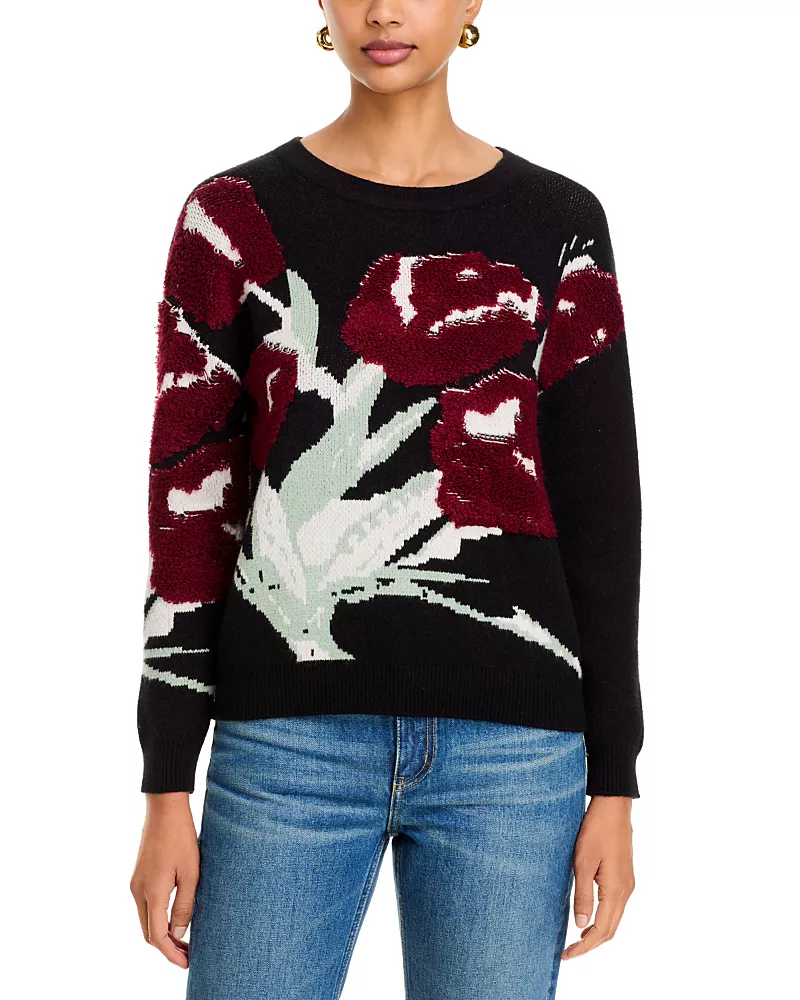 T Tahari Floral Birdseye Jacquard Crewneck Sweater