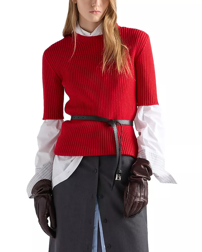 Prada Short Sleeved Ribbed Knit Wool Sweater