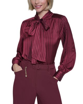 Striped Satin Tie Neck Blouse