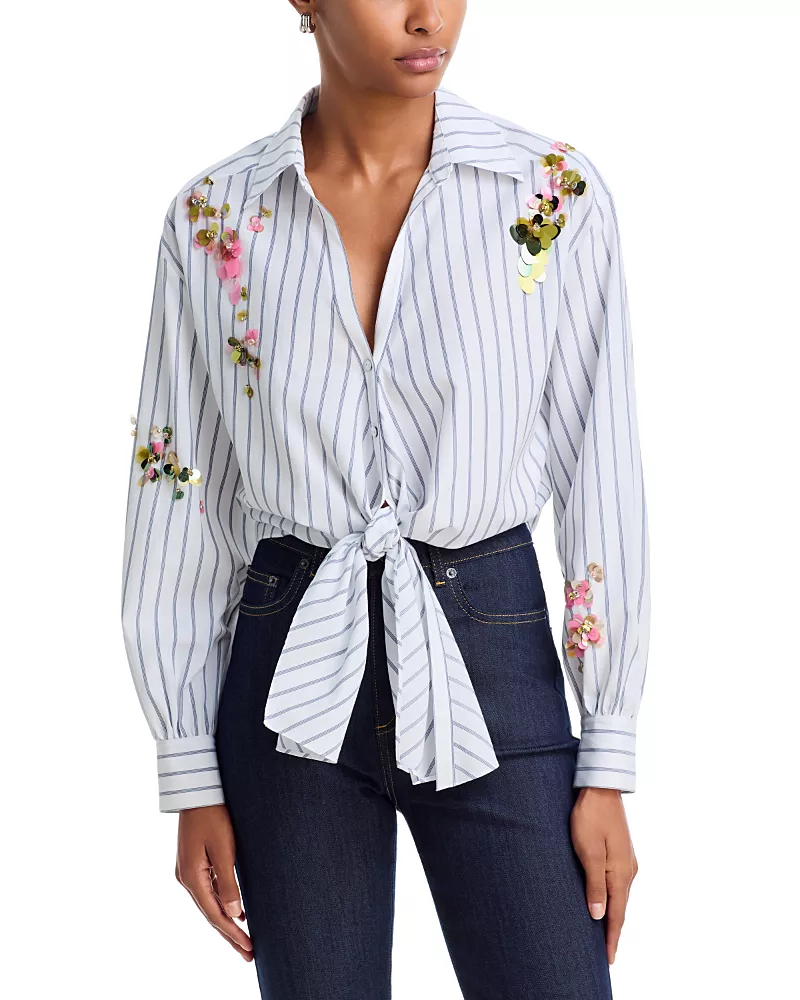 Cinq a Sept Marianna Waterfall Paillettes Striped Top