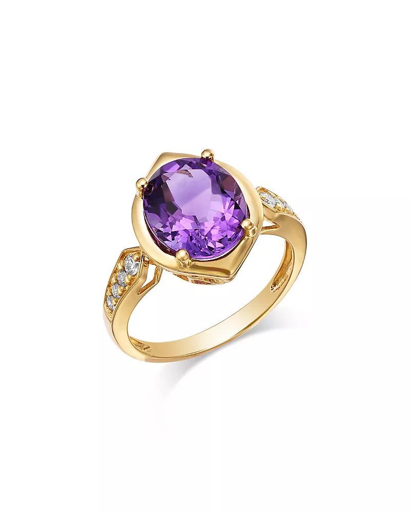 Bloomingdale's Fine Collection Amethyst & Diamond Oval Cut Ring in 14K Yellow Gold, 0.14 tcw