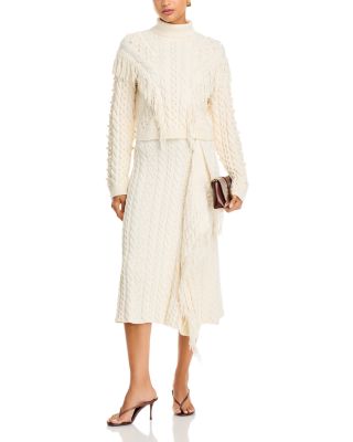 Callista Cotton Blend Fringed Cable Knit Sweater & Mireille Cotton & Wool Fringed Midi Skirt