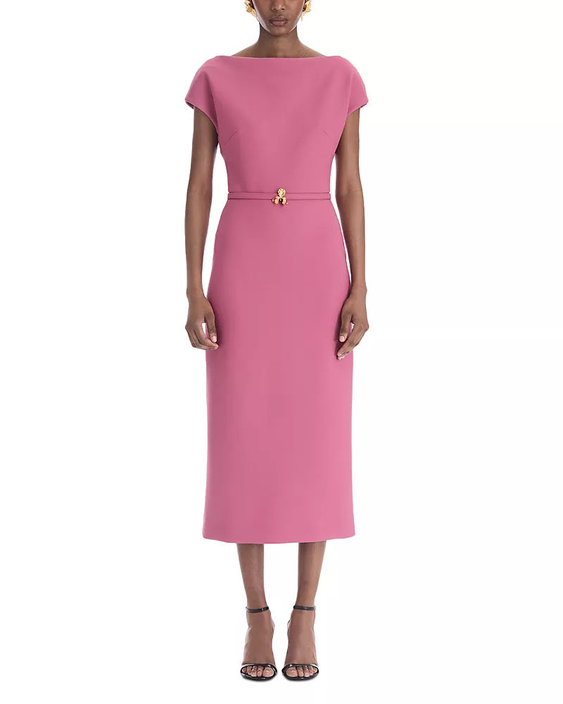 Oscar de la Renta Boat Neck Belted Short Sleeve Dress