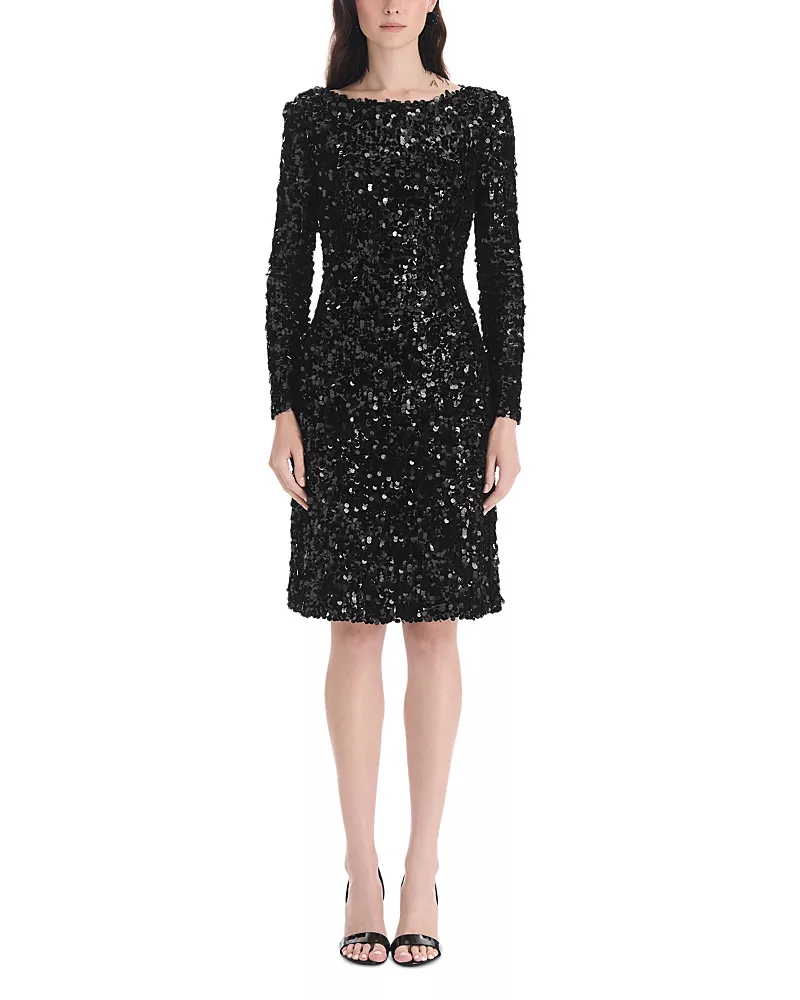 Oscar de la Renta Long Sleeve Velvet Paillettes Chiffon Dress