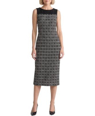Ming Wang Mixed-Media Tweed Knit Sheath Dress