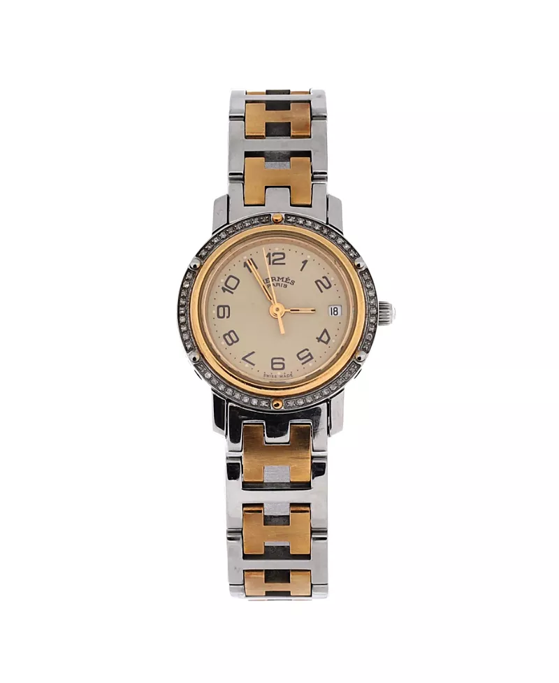 Pre-Owned HERMES Clipper Quartz Watch in Stainless Steel and Plated Metal with Diamond Bezel 24mm