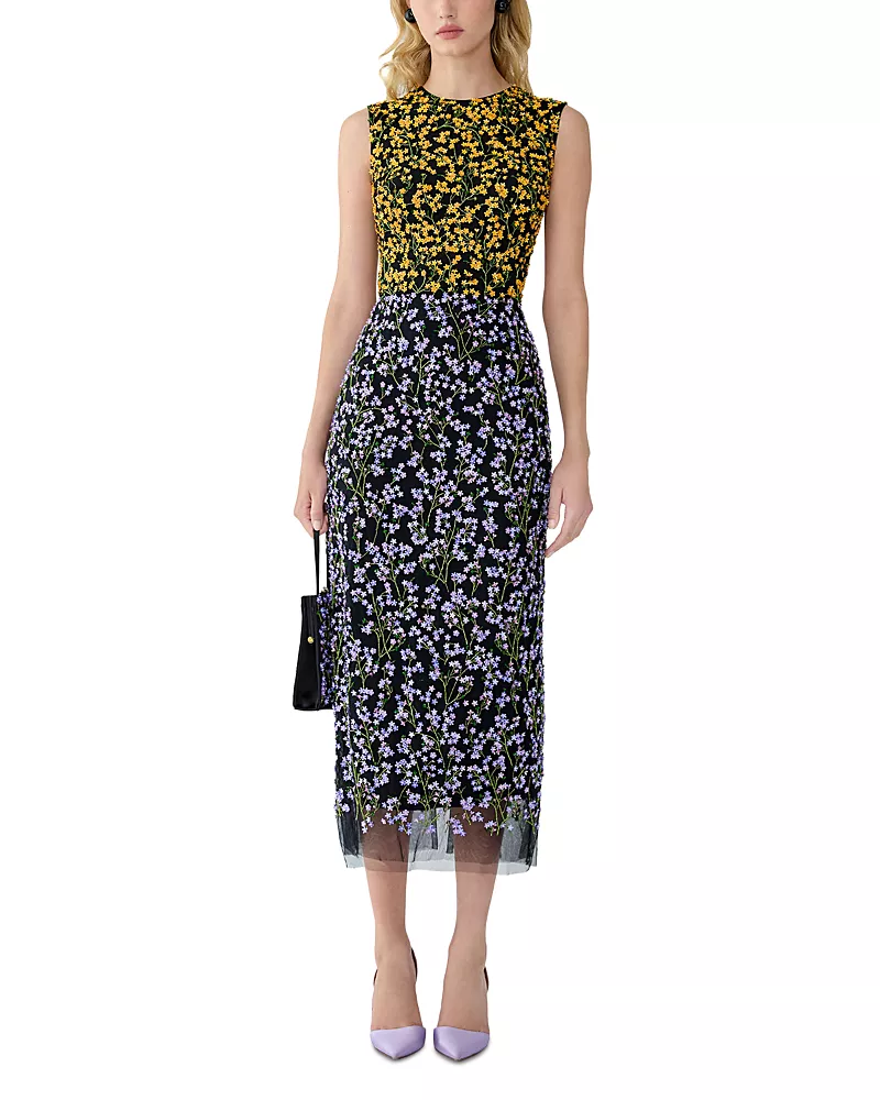 Carolina Herrera Embroidered Floral Sleeveless Midi Dress