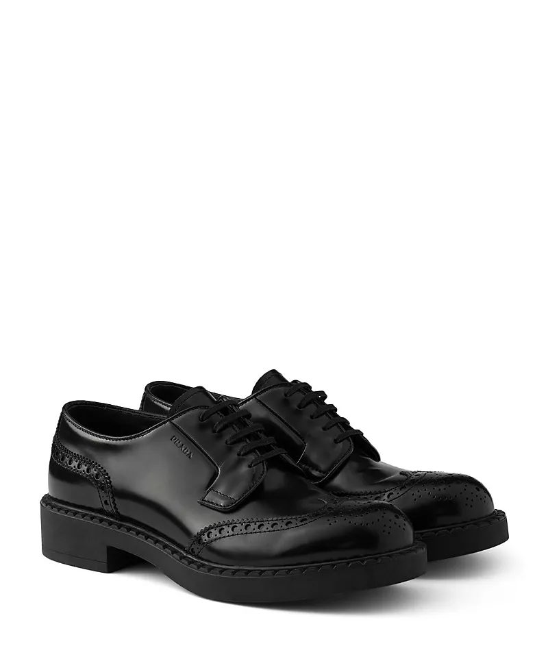 Prada Men's Chocolate Brushed Leather Derby Brogues