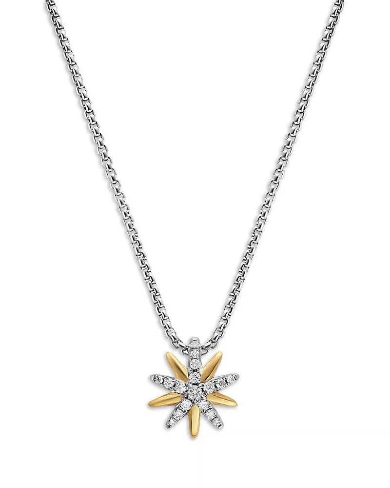 David Yurman Starburst Station Necklace in Sterling Silver with 18K Yellow Gold and Diamonds, 11.2mm