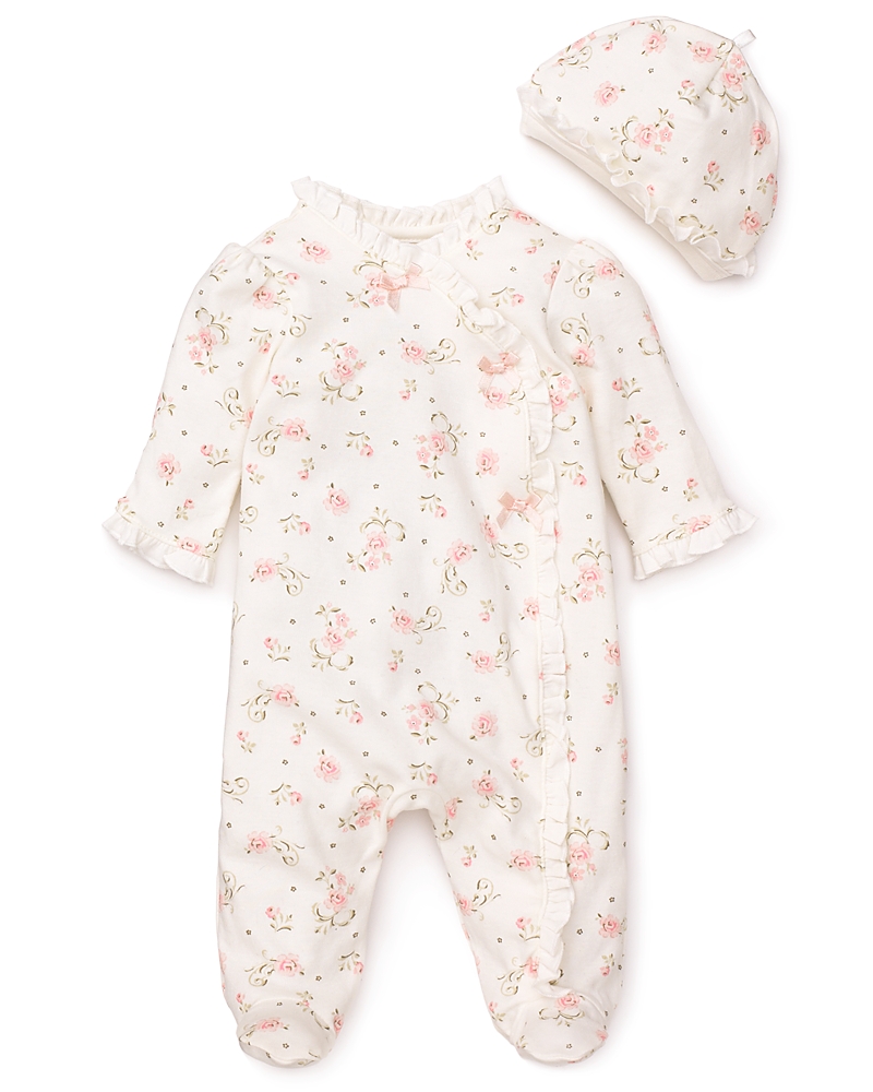 Little Me Girls' Vintage Rose Footie & Cap - Baby In Ivory